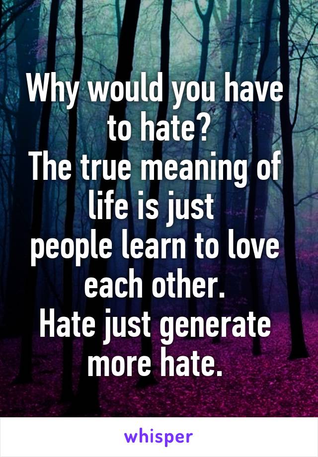 Why would you have 
to hate?
The true meaning of 
life is just  
people learn to love 
each other. 
Hate just generate 
more hate. 