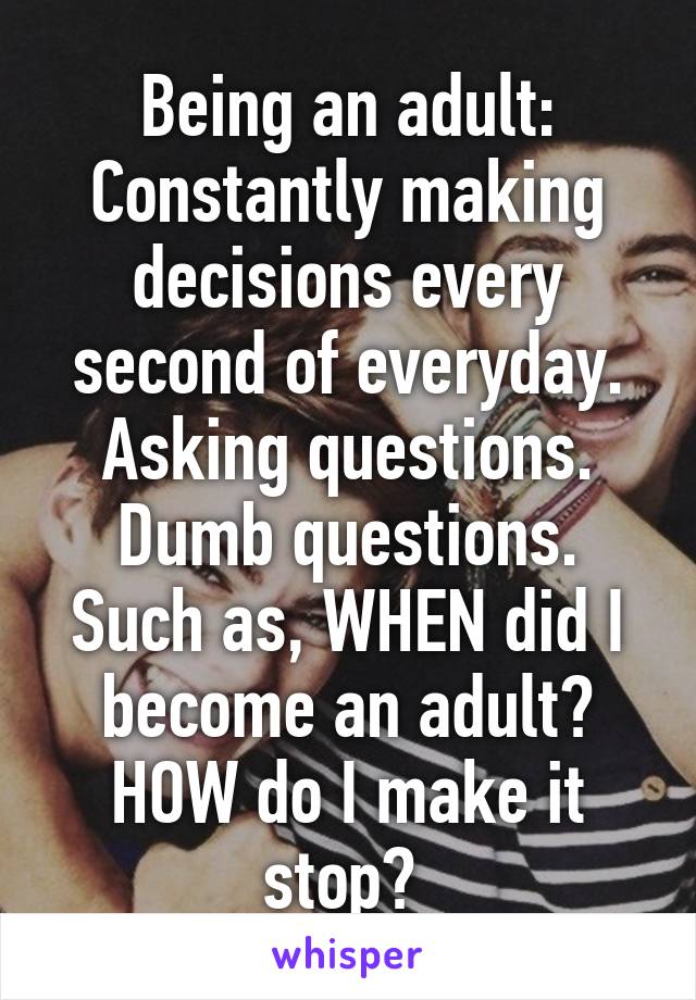 Being an adult: Constantly making decisions every second of everyday. Asking questions. Dumb questions. Such as, WHEN did I become an adult? HOW do I make it stop? 