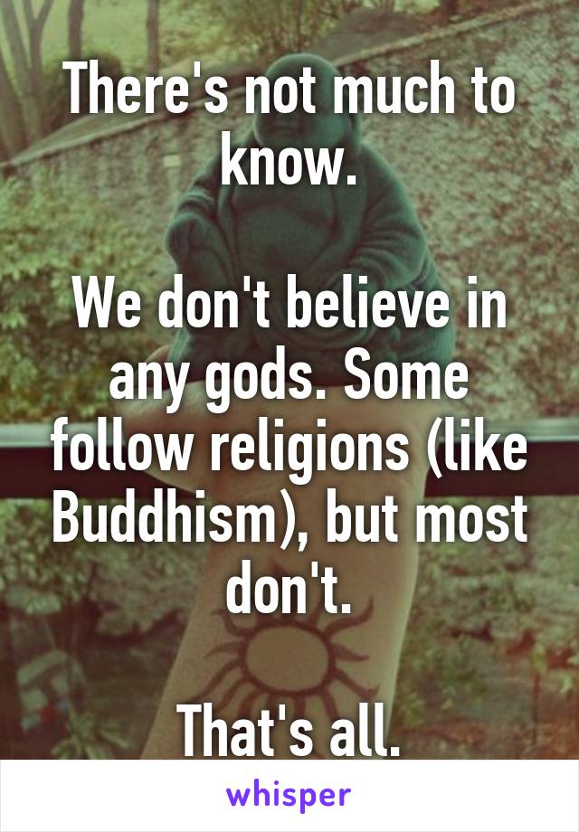 There's not much to know.

We don't believe in any gods. Some follow religions (like Buddhism), but most don't.

That's all.