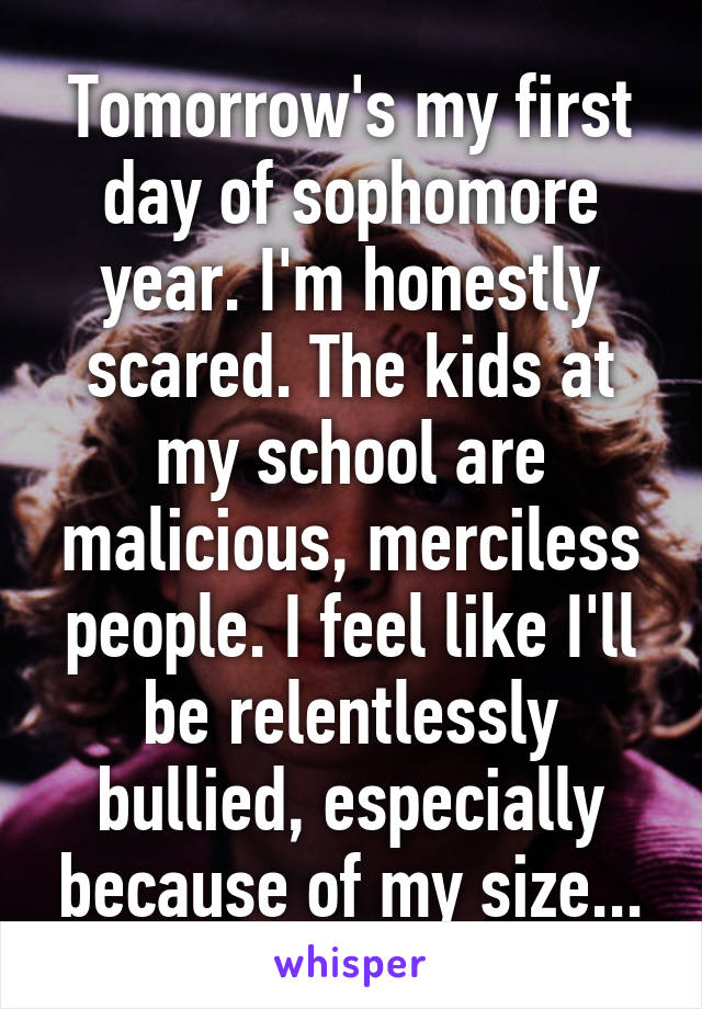 Tomorrow's my first day of sophomore year. I'm honestly scared. The kids at my school are malicious, merciless people. I feel like I'll be relentlessly bullied, especially because of my size...