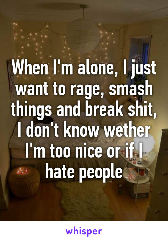 When I'm alone, I just want to rage, smash things and break shit, I don't know wether I'm too nice or if I hate people