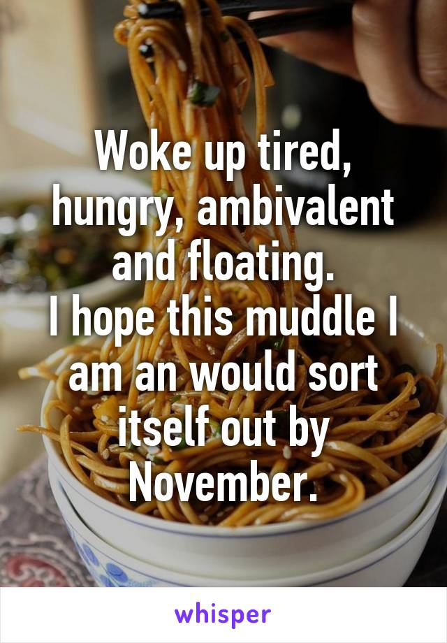 Woke up tired, hungry, ambivalent and floating.
I hope this muddle I am an would sort itself out by November.