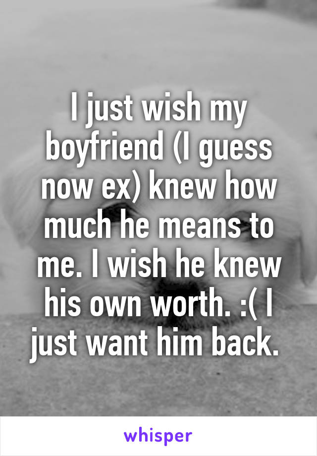 I just wish my boyfriend (I guess now ex) knew how much he means to me. I wish he knew his own worth. :( I just want him back. 