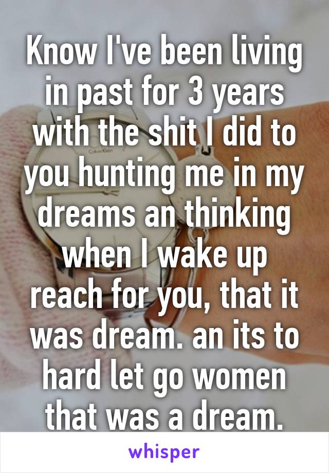 Know I've been living in past for 3 years with the shit I did to you hunting me in my dreams an thinking when I wake up reach for you, that it was dream. an its to hard let go women that was a dream.