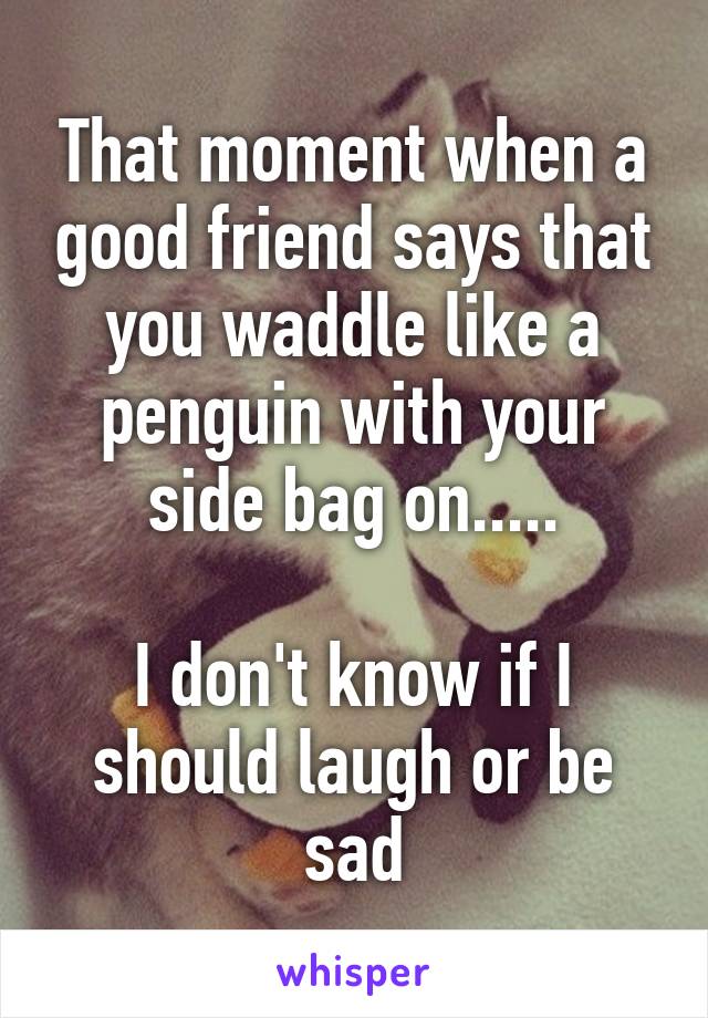 That moment when a good friend says that you waddle like a penguin with your side bag on.....

I don't know if I should laugh or be sad