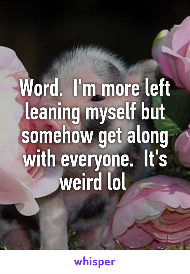 Word.  I'm more left leaning myself but somehow get along with everyone.  It's weird lol 