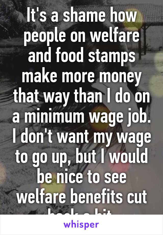 It's a shame how people on welfare and food stamps make more money that way than I do on a minimum wage job. I don't want my wage to go up, but I would be nice to see welfare benefits cut back a bit.