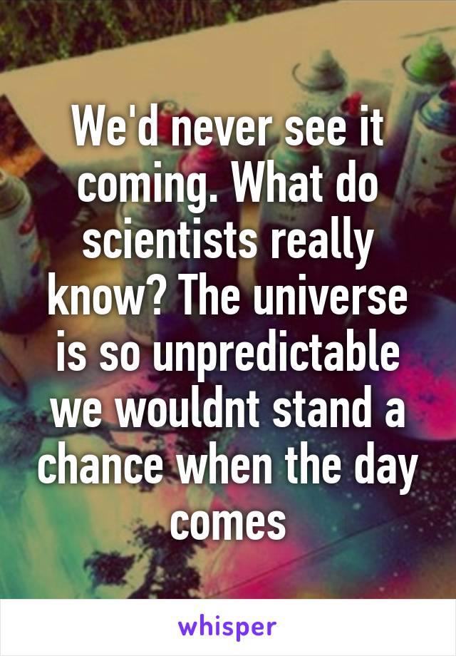 We'd never see it coming. What do scientists really know? The universe is so unpredictable we wouldnt stand a chance when the day comes