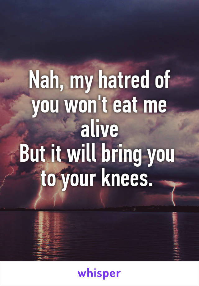 Nah, my hatred of you won't eat me alive
But it will bring you 
to your knees. 
