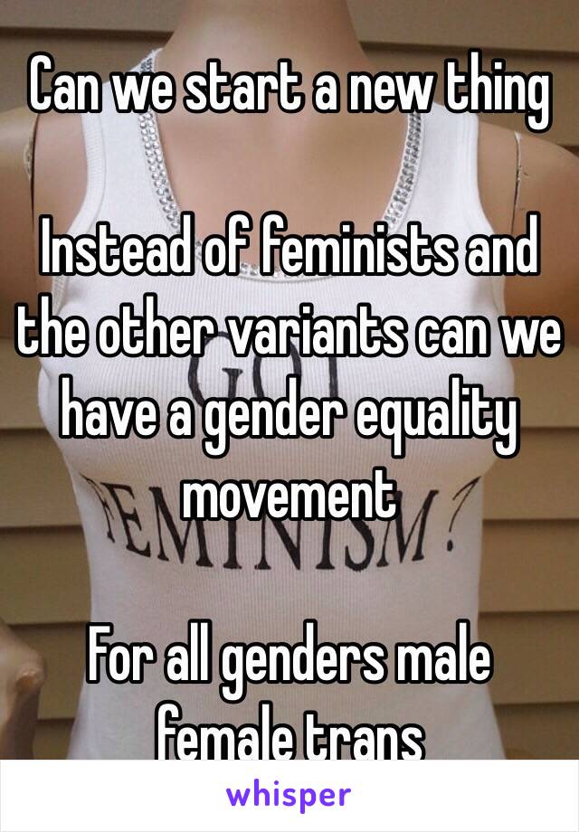 Can we start a new thing 

Instead of feminists and the other variants can we have a gender equality movement 

For all genders male female trans  