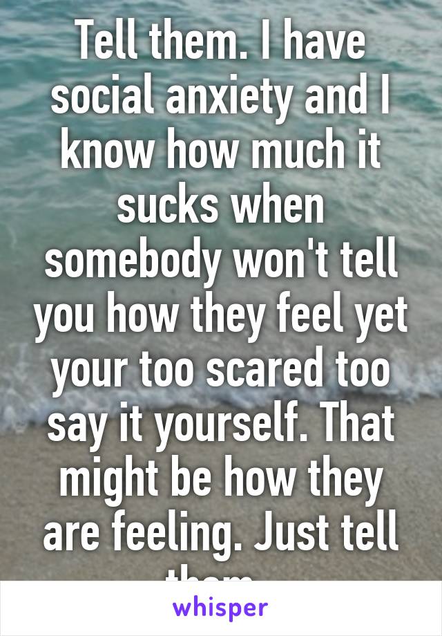 Tell them. I have social anxiety and I know how much it sucks when somebody won't tell you how they feel yet your too scared too say it yourself. That might be how they are feeling. Just tell them. 