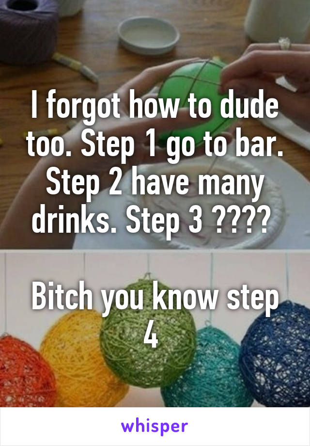 I forgot how to dude too. Step 1 go to bar. Step 2 have many drinks. Step 3 ???? 

Bitch you know step 4 