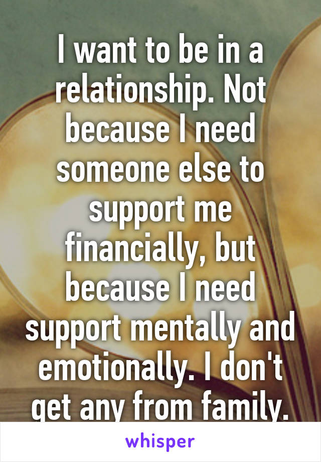 I want to be in a relationship. Not because I need someone else to support me financially, but because I need support mentally and emotionally. I don't get any from family.