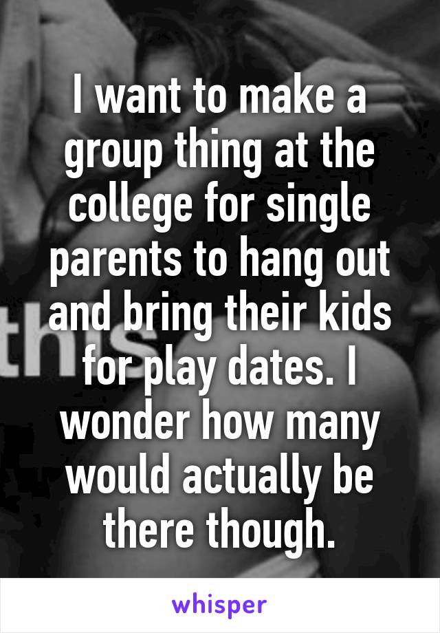 I want to make a group thing at the college for single parents to hang out and bring their kids for play dates. I wonder how many would actually be there though.