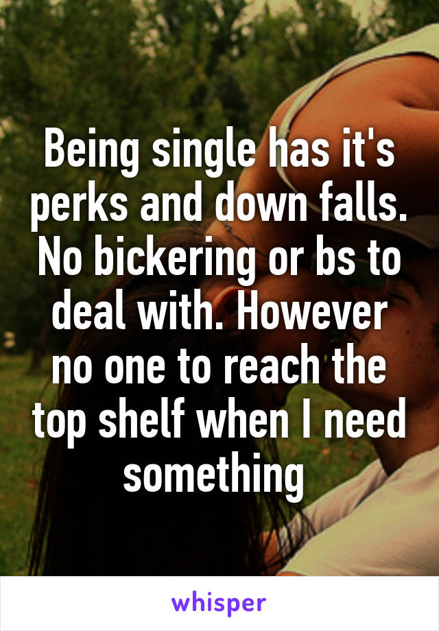 Being single has it's perks and down falls. No bickering or bs to deal with. However no one to reach the top shelf when I need something 