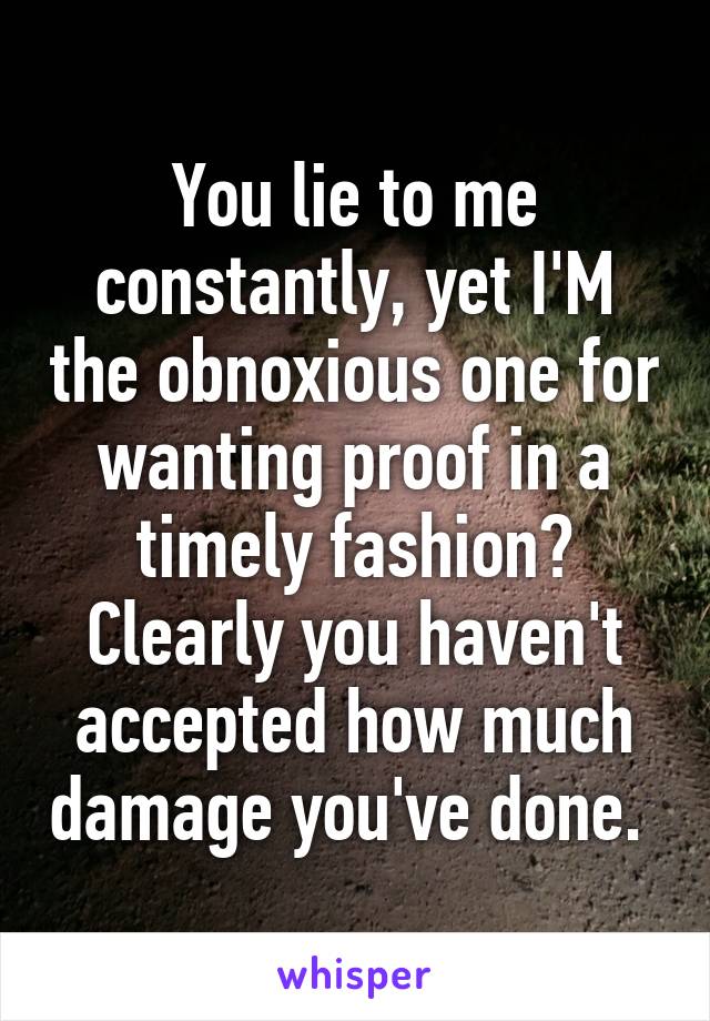 You lie to me constantly, yet I'M the obnoxious one for wanting proof in a timely fashion? Clearly you haven't accepted how much damage you've done. 