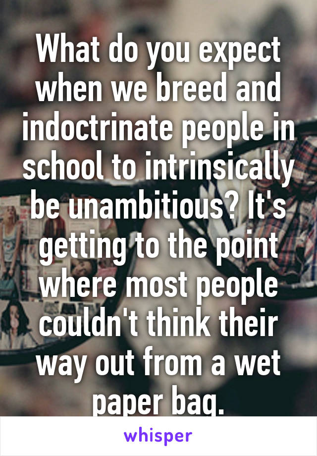 What do you expect when we breed and indoctrinate people in school to intrinsically be unambitious? It's getting to the point where most people couldn't think their way out from a wet paper bag.