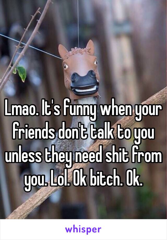 Lmao. It's funny when your friends don't talk to you unless they need shit from you. Lol. Ok bitch. Ok.