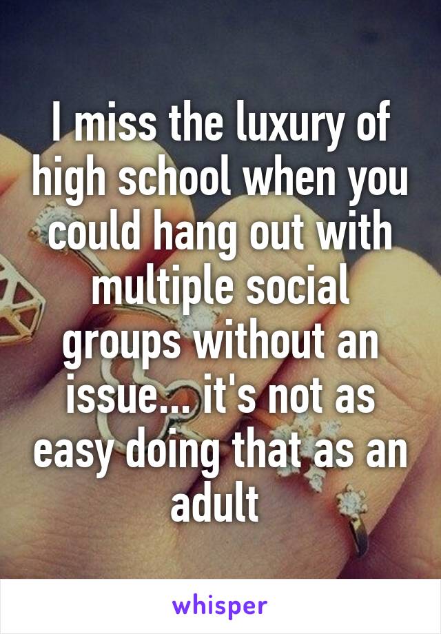 I miss the luxury of high school when you could hang out with multiple social groups without an issue... it's not as easy doing that as an adult 