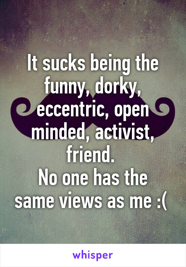 It sucks being the funny, dorky, eccentric, open minded, activist, friend. 
No one has the same views as me :( 