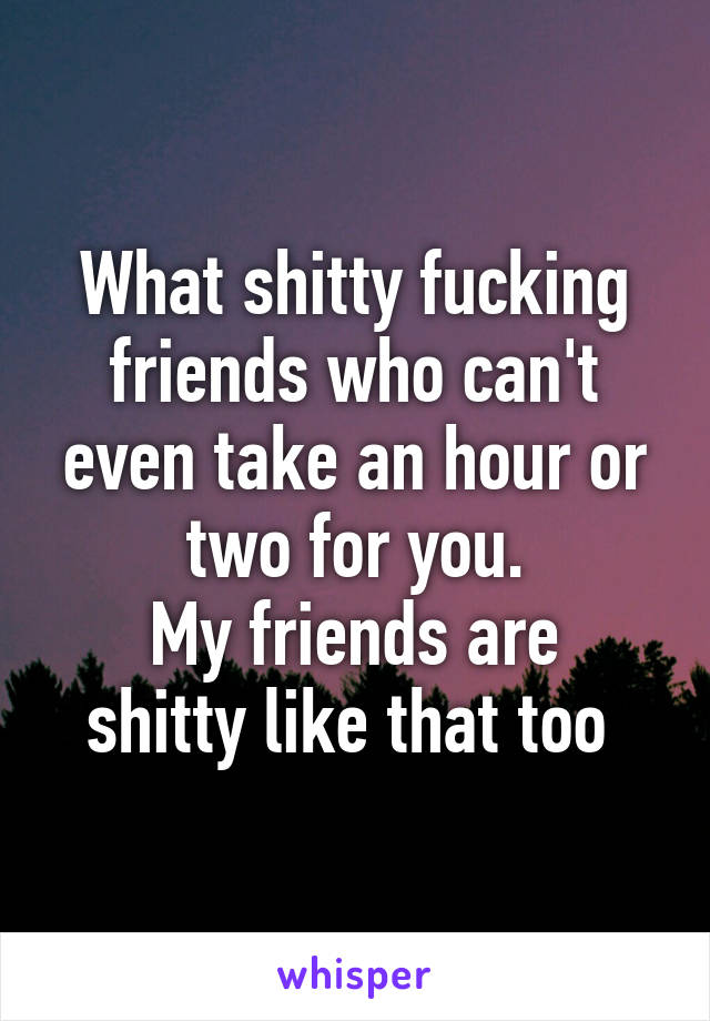 What shitty fucking friends who can't even take an hour or two for you.
My friends are shitty like that too 