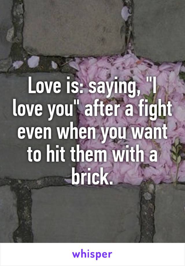 Love is: saying, "I love you" after a fight even when you want to hit them with a brick.