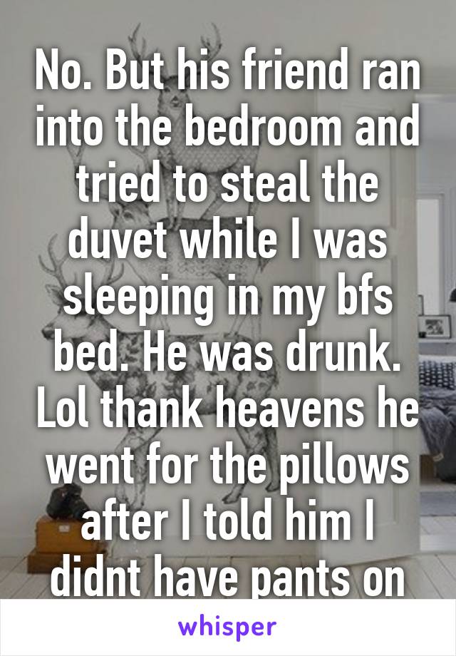 No. But his friend ran into the bedroom and tried to steal the duvet while I was sleeping in my bfs bed. He was drunk. Lol thank heavens he went for the pillows after I told him I didnt have pants on