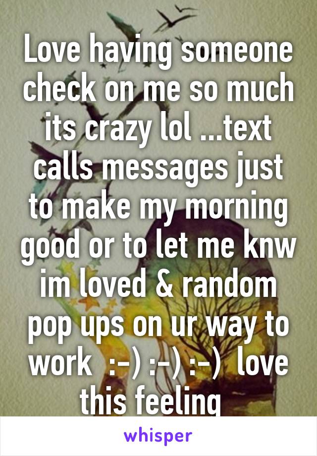 Love having someone check on me so much its crazy lol ...text calls messages just to make my morning good or to let me knw im loved & random pop ups on ur way to work  :-) :-) :-)  love this feeling  