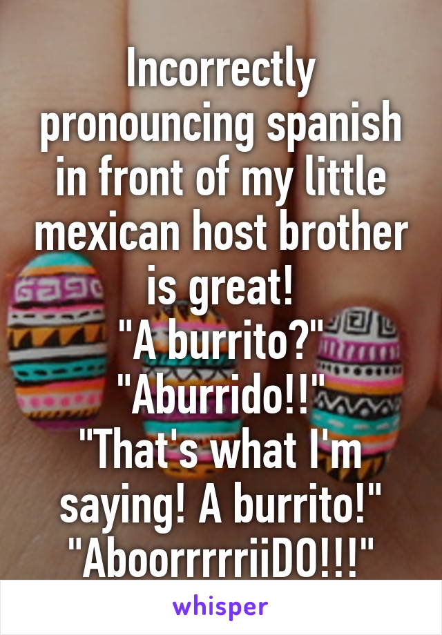 Incorrectly pronouncing spanish in front of my little mexican host brother is great!
"A burrito?"
"Aburrido!!"
"That's what I'm saying! A burrito!"
"AboorrrrriiDO!!!"