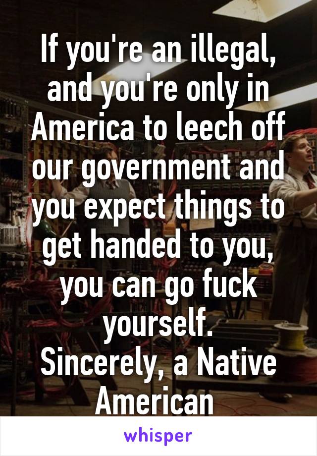 If you're an illegal, and you're only in America to leech off our government and you expect things to get handed to you, you can go fuck yourself.
Sincerely, a Native American 