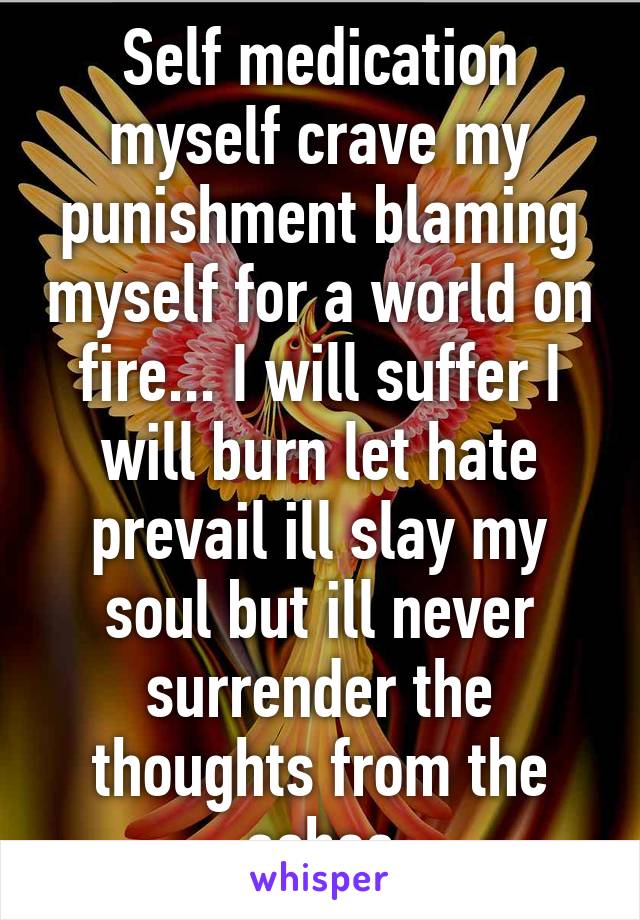 Self medication myself crave my punishment blaming myself for a world on fire... I will suffer I will burn let hate prevail ill slay my soul but ill never surrender the thoughts from the ashes