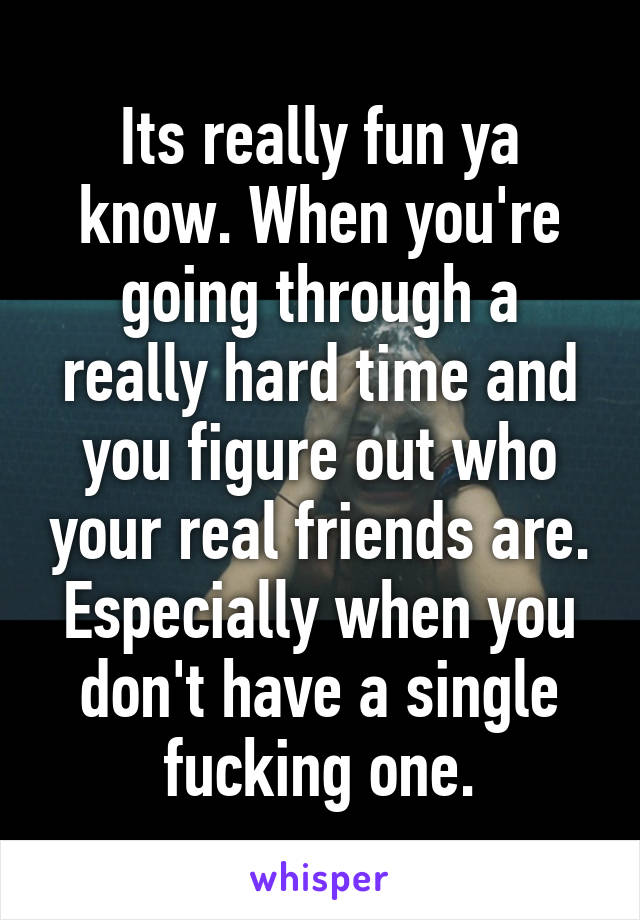 Its really fun ya know. When you're going through a really hard time and you figure out who your real friends are. Especially when you don't have a single fucking one.