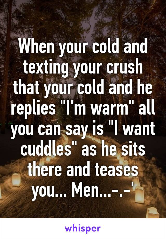 When your cold and texting your crush that your cold and he replies "I'm warm" all you can say is "I want cuddles" as he sits there and teases you... Men...-.-'