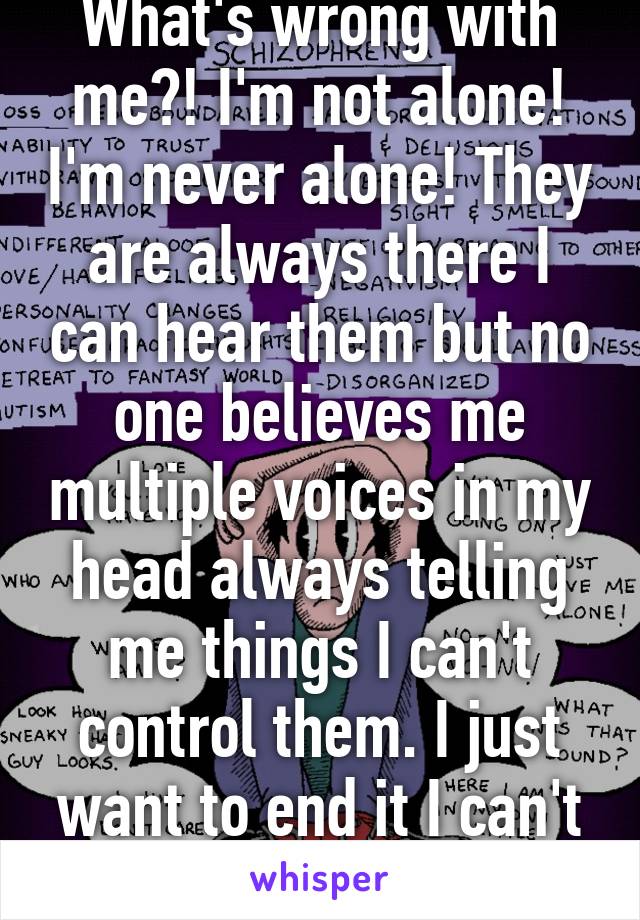 What's wrong with me?! I'm not alone! I'm never alone! They are always there I can hear them but no one believes me multiple voices in my head always telling me things I can't control them. I just want to end it I can't do this 