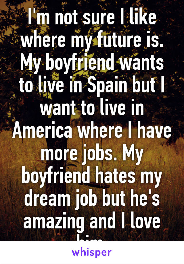 I'm not sure I like where my future is. My boyfriend wants to live in Spain but I want to live in America where I have more jobs. My boyfriend hates my dream job but he's amazing and I love him.