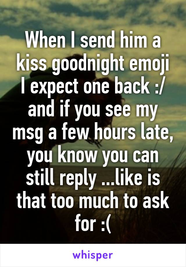 When I send him a kiss goodnight emoji I expect one back :/ and if you see my msg a few hours late, you know you can still reply ...like is that too much to ask for :(