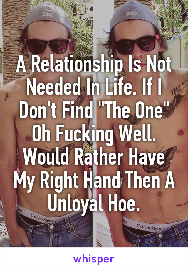 A Relationship Is Not Needed In Life. If I Don't Find "The One" Oh Fucking Well. Would Rather Have My Right Hand Then A Unloyal Hoe.