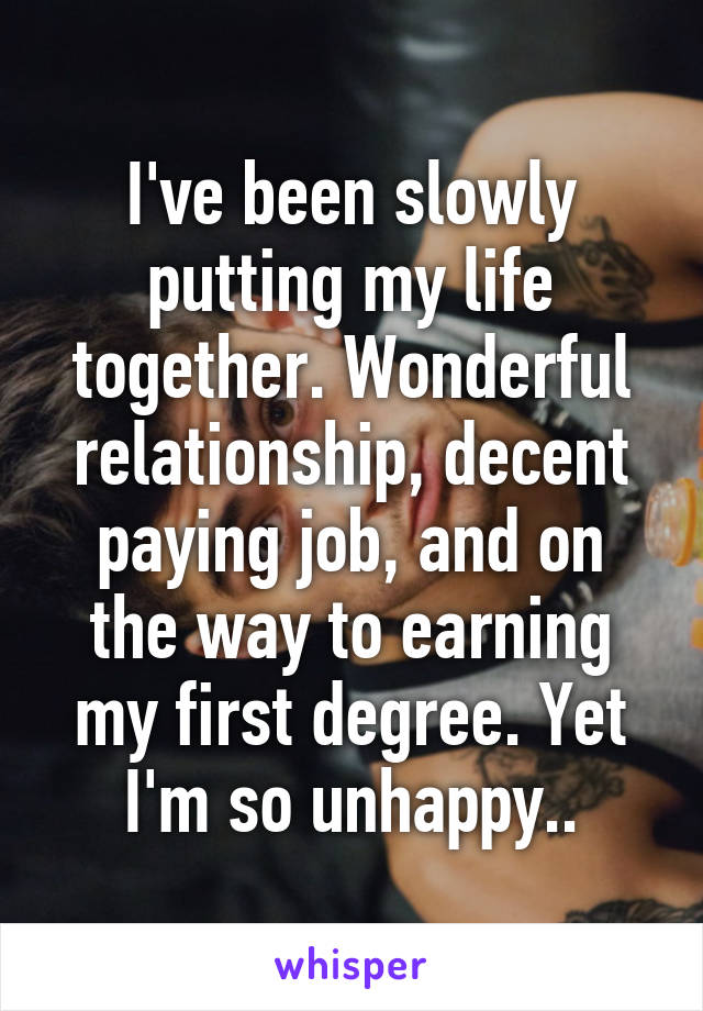 I've been slowly putting my life together. Wonderful relationship, decent paying job, and on the way to earning my first degree. Yet I'm so unhappy..