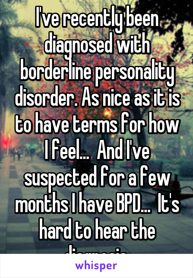 I've recently been diagnosed with borderline personality disorder. As nice as it is to have terms for how I feel...  And I've suspected for a few months I have BPD...  It's hard to hear the diagnosis.