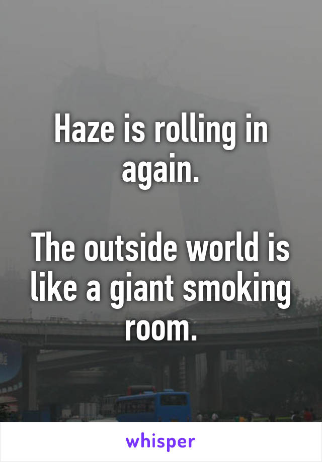 Haze is rolling in again.

The outside world is like a giant smoking room.