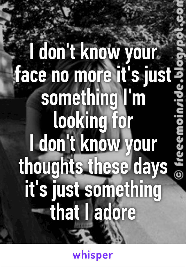 I don't know your face no more it's just something I'm looking for
I don't know your thoughts these days it's just something that I adore