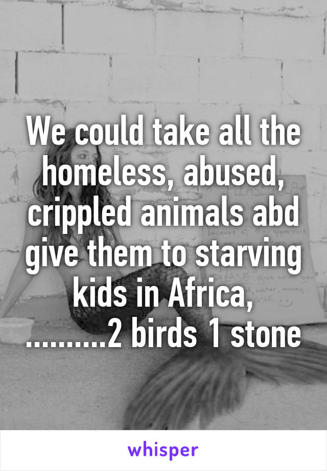 We could take all the homeless, abused, crippled animals abd give them to starving kids in Africa, ..........2 birds 1 stone