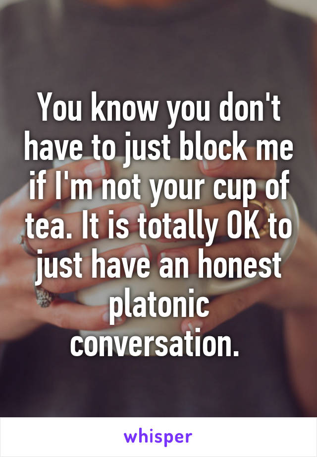 You know you don't have to just block me if I'm not your cup of tea. It is totally OK to just have an honest platonic conversation. 