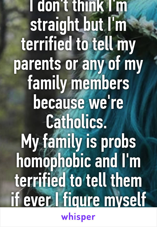 I don't think I'm straight but I'm terrified to tell my parents or any of my family members because we're Catholics. 
My family is probs homophobic and I'm terrified to tell them if ever I figure myself out :(