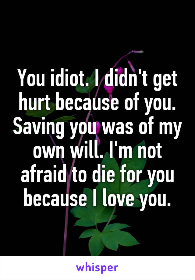 You idiot. I didn't get hurt because of you. Saving you was of my own will. I'm not afraid to die for you because I love you.