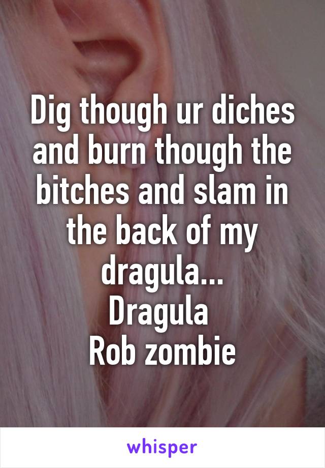 Dig though ur diches and burn though the bitches and slam in the back of my dragula...
Dragula 
Rob zombie