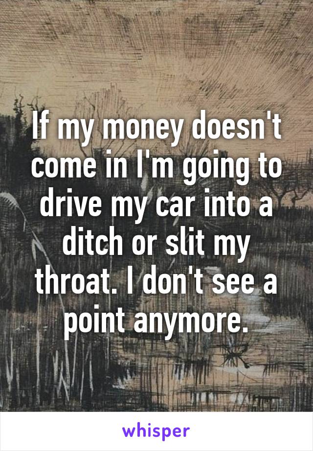 If my money doesn't come in I'm going to drive my car into a ditch or slit my throat. I don't see a point anymore.