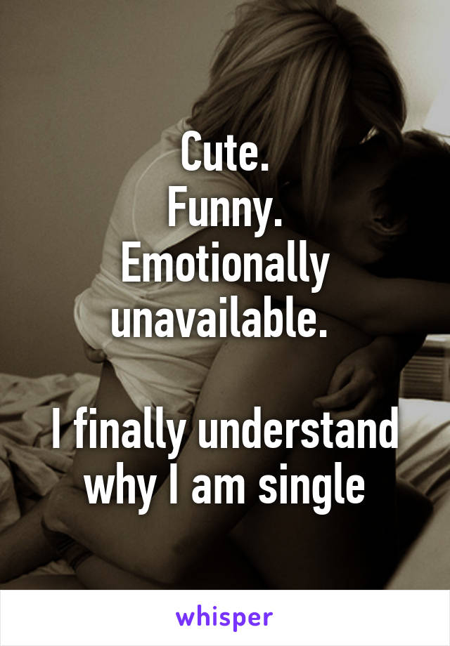 Cute.
Funny.
Emotionally unavailable. 

I finally understand why I am single