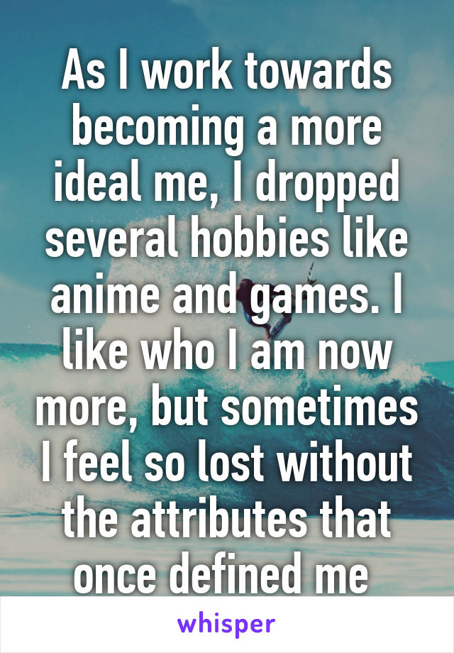 As I work towards becoming a more ideal me, I dropped several hobbies like anime and games. I like who I am now more, but sometimes I feel so lost without the attributes that once defined me 