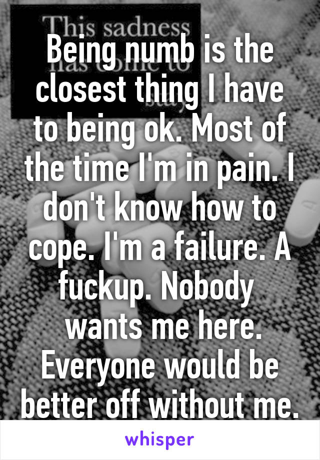 Being numb is the closest thing I have to being ok. Most of the time I'm in pain. I don't know how to cope. I'm a failure. A fuckup. Nobody 
 wants me here. Everyone would be better off without me.